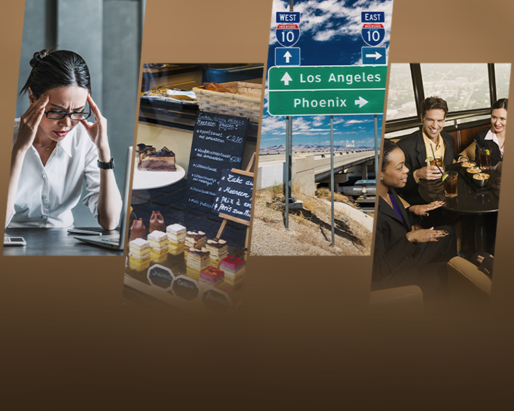 Collage of four images: a stressed woman at a desk, a display of desserts in a café, a road sign for Los Angeles and Phoenix, and a group of business professionals enjoying drinks together.