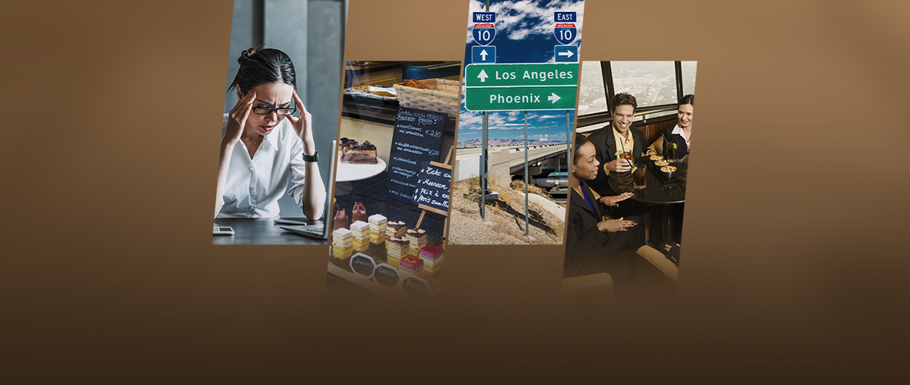Collage of four images: a stressed woman at a desk, a display of desserts in a café, a road sign for Los Angeles and Phoenix, and a group of business professionals enjoying drinks together.